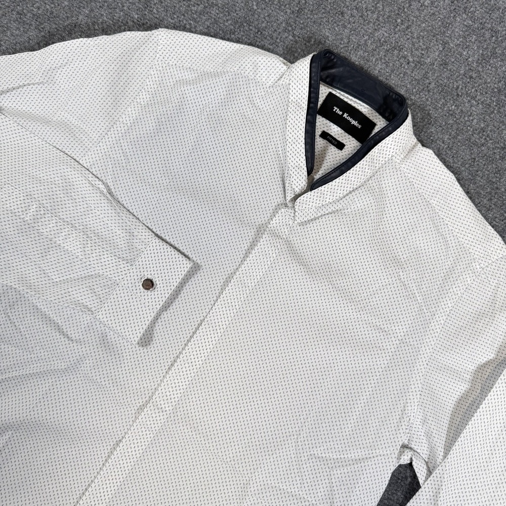 The Kooples Dress Shirt‎ Mens Medium White Fitted Cotton Collarless Geometric